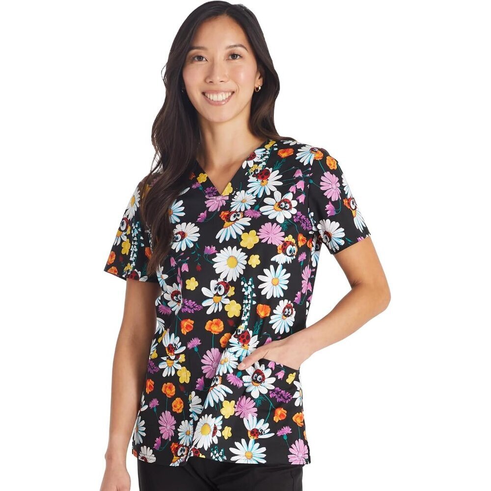 Women Scrubs Printed V-Neck Top with Pockets Autism Support Breathable Fabric